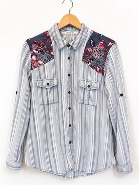 Free People Boho Western Floral Stripe Button Down Shirt Small